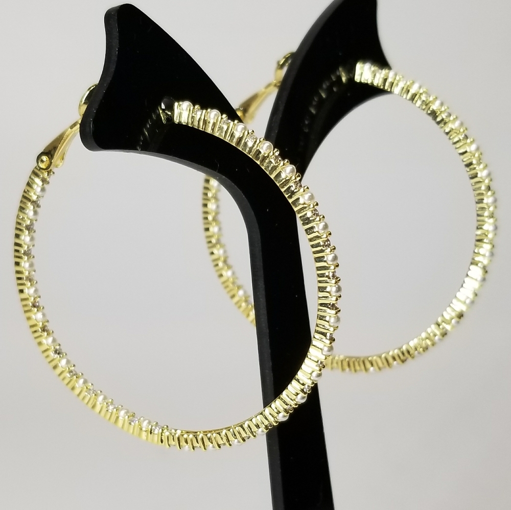 NEW Gold Pave CZ Diamond Pearl Hoop Earrings - Picture 2 of 8